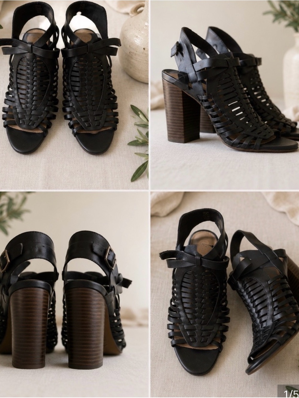 American Eagle By Payless Black Woven Leather Block Heel Sandals